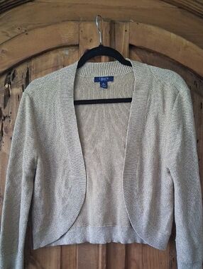 Chaps Women's Open-Front Metallic Beige Crop Cardigan